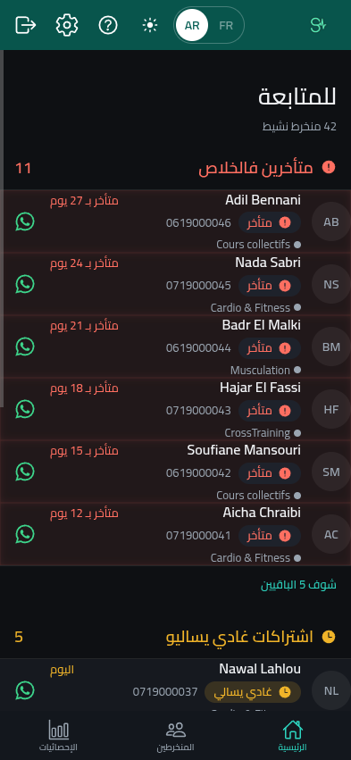 Tableau de bord Salkom sur téléphone, montrant les adhérents à renouveler bientôt et ceux en retard de paiement